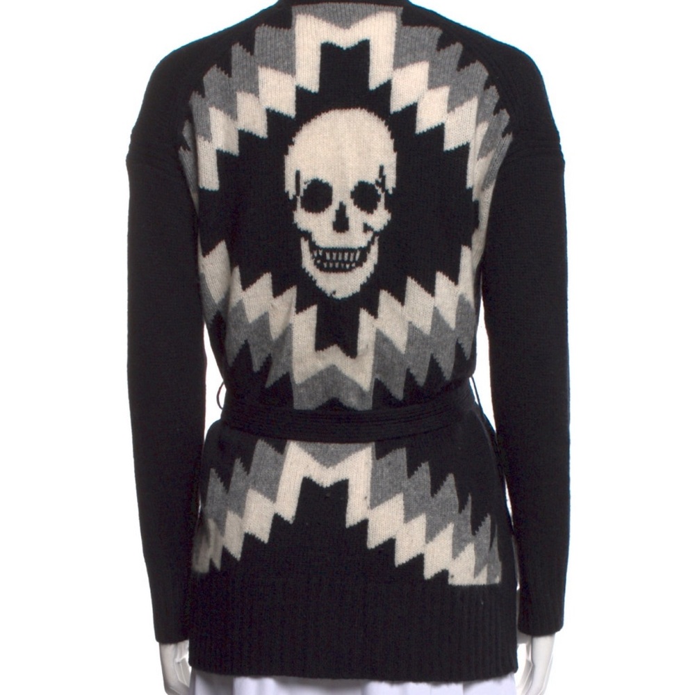 Skull Cashmere Aztec Openfront Belted Cardigan